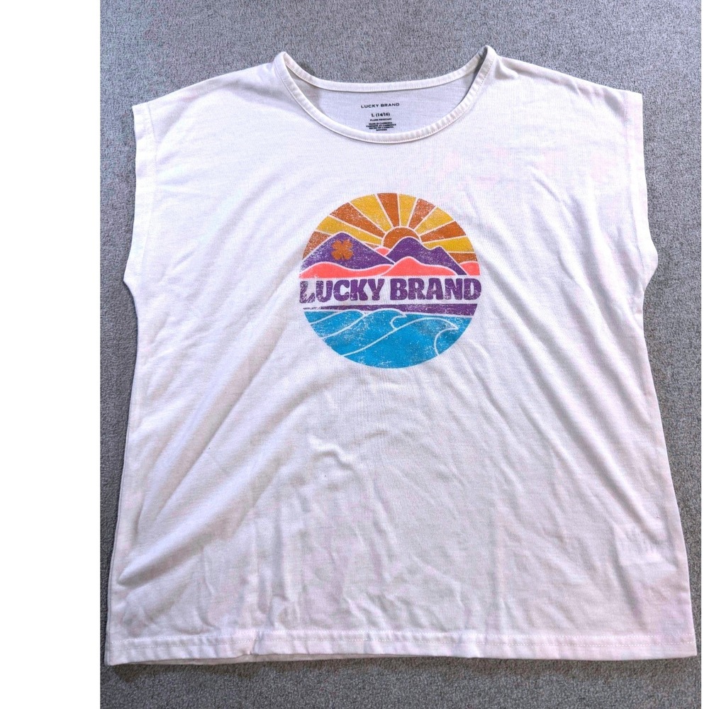 Lucky Brand Kids Graphic T Shirt Sun Ocean Logo White Short Sleeve Casual Size L